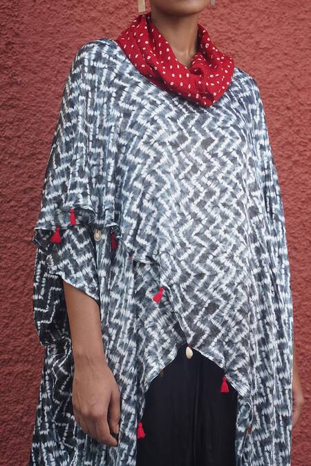 Shop_Dyelogue_Black Modal, Silk Tassels Cowl Neck Overlap Shibori Printed Kaftan Top _Online_at_Aza_Fashions