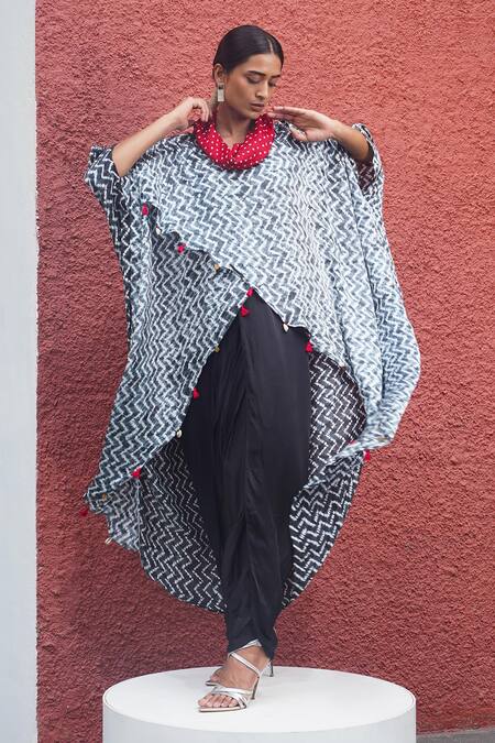 Dyelogue_Black Modal, Silk Tassels Cowl Neck Overlap Shibori Printed Kaftan Top _at_Aza_Fashions