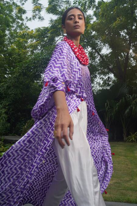Buy_Dyelogue_Purple Modal, Silk Tassels Cowl Neck Zigzag Overlap Kaftan Top _Online_at_Aza_Fashions