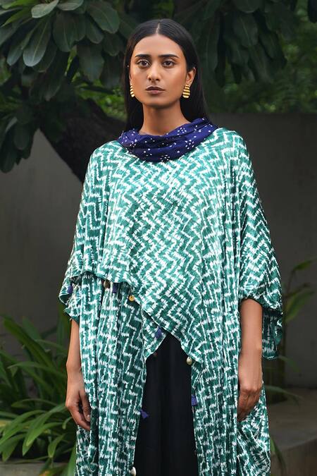 Buy_Dyelogue_Green Modal, Silk Tassels, Embroidery Cowl Zigzag Shibori Overlap Kaftan Top _Online_at_Aza_Fashions
