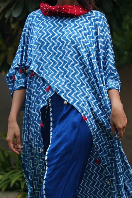 Shop_Dyelogue_Blue Modal, Silk Tassels Cowl Neck Overlap Shibori Pattern Kaftan Top _Online_at_Aza_Fashions