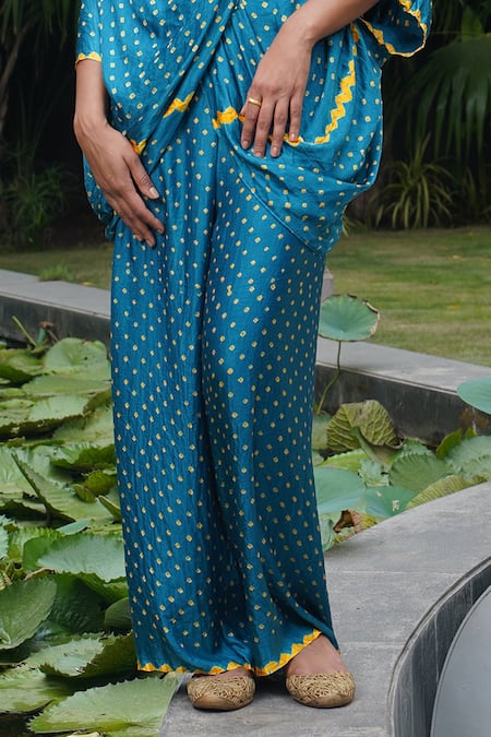 Buy_Dyelogue_Blue Silk Embroidery Cowl Neck Anjuna Bandhani Print Twist Top And Palazzo Set _Online_at_Aza_Fashions