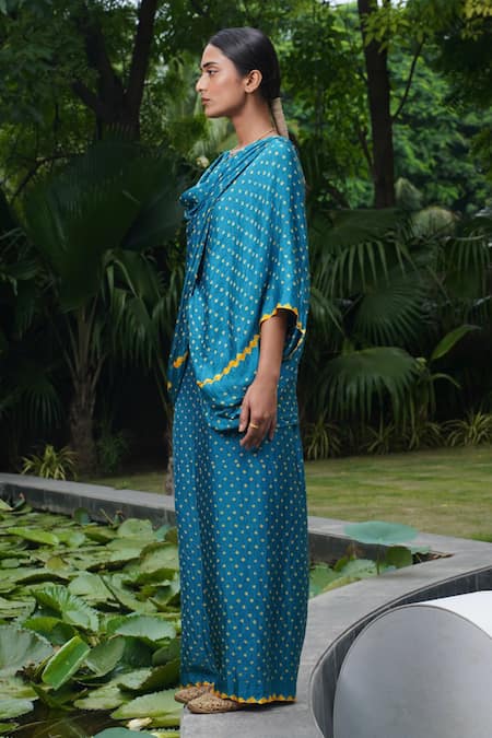 Dyelogue_Blue Silk Embroidery Cowl Neck Anjuna Bandhani Print Twist Top And Palazzo Set _at_Aza_Fashions