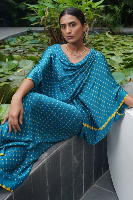 Shop_Dyelogue_Blue Silk Embroidery Cowl Neck Anjuna Bandhani Print Twist Top And Palazzo Set 