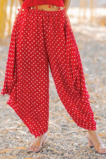 Dyelogue_Red Gabardine Bandhani Print Multiway Wrap Dhoti Pant _Online_at_Aza_Fashions