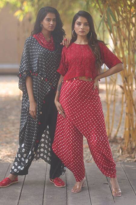 Buy_Dyelogue_Red Gabardine Bandhani Print Multiway Wrap Dhoti Pant _Online_at_Aza_Fashions