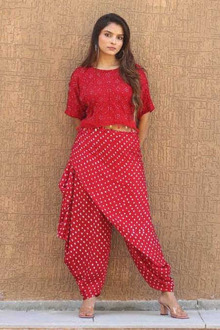 Shop_Dyelogue_Red Gabardine Bandhani Print Multiway Wrap Dhoti Pant _Online_at_Aza_Fashions