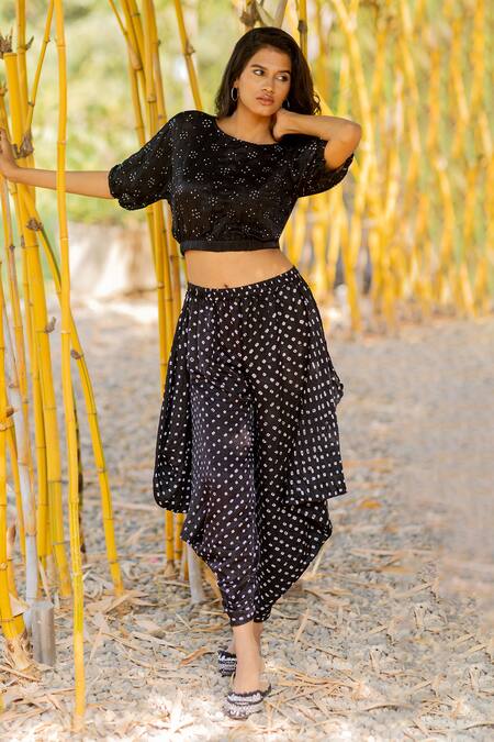 Buy_Dyelogue_Black Silk Bandhani Pattern Multiway Wrap Dhoti Pant _Online_at_Aza_Fashions