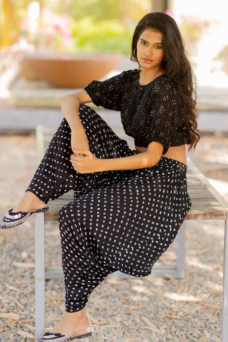 Shop_Dyelogue_Black Silk Bandhani Pattern Multiway Wrap Dhoti Pant _Online_at_Aza_Fashions