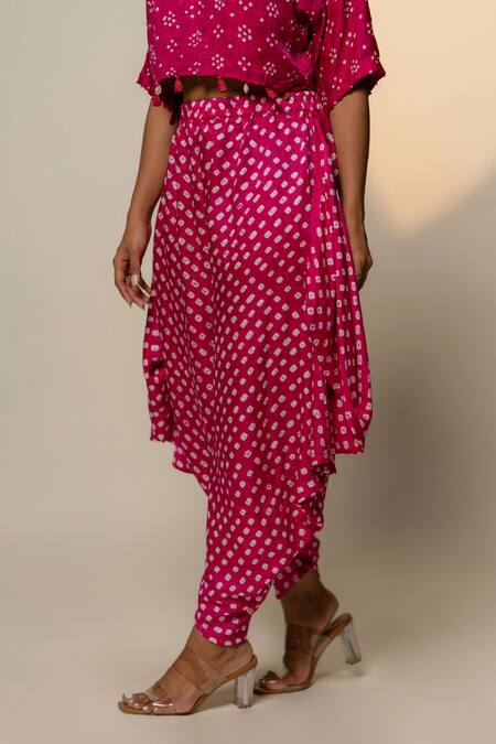 Dyelogue_Pink Silk Embroidery Bandhani Print Multiway Dhoti Pant _Online_at_Aza_Fashions
