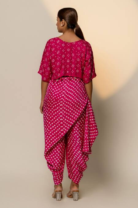 Buy_Dyelogue_Pink Silk Embroidery Bandhani Print Multiway Dhoti Pant _Online_at_Aza_Fashions