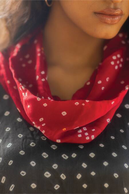 Buy_Dyelogue_Black Modal, Silk Tassels Cowl Neck Bandhani Print Overlap Top _Online_at_Aza_Fashions