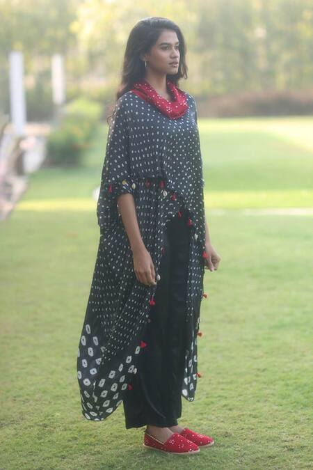 Shop_Dyelogue_Black Modal, Silk Tassels Cowl Neck Bandhani Print Overlap Top _Online_at_Aza_Fashions