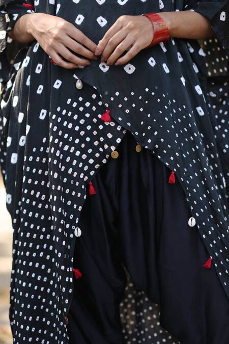 Shop_Dyelogue_Black Modal, Silk Tassels Cowl Neck Bandhani Pattern Overlap Top _Online_at_Aza_Fashions