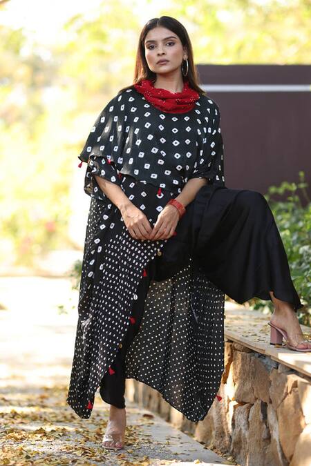 Dyelogue_Black Modal, Silk Tassels Cowl Neck Bandhani Pattern Overlap Top _at_Aza_Fashions