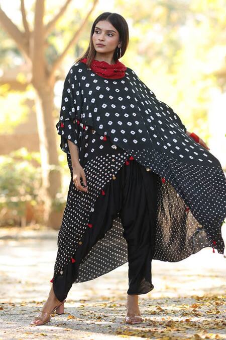 Buy_Dyelogue_Black Modal, Silk Tassels Cowl Neck Bandhani Pattern Overlap Top 