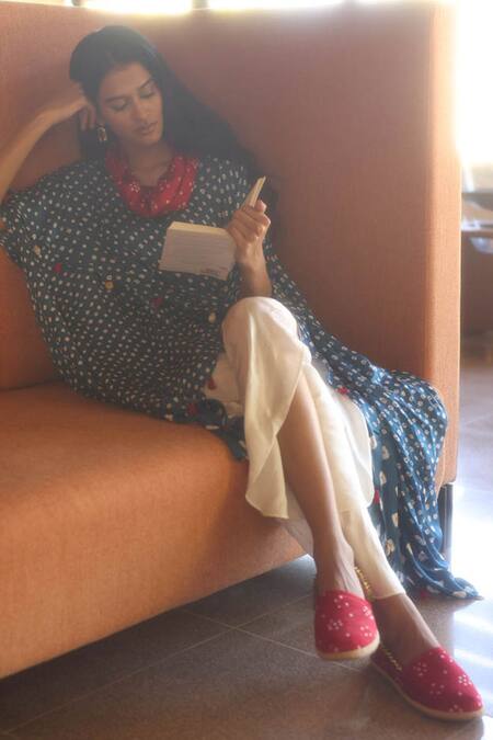 Buy_Dyelogue_Blue Modal, Silk Tassels, Embroidery Bandhani Print Flared Sleeve Overlap Top _Online_at_Aza_Fashions