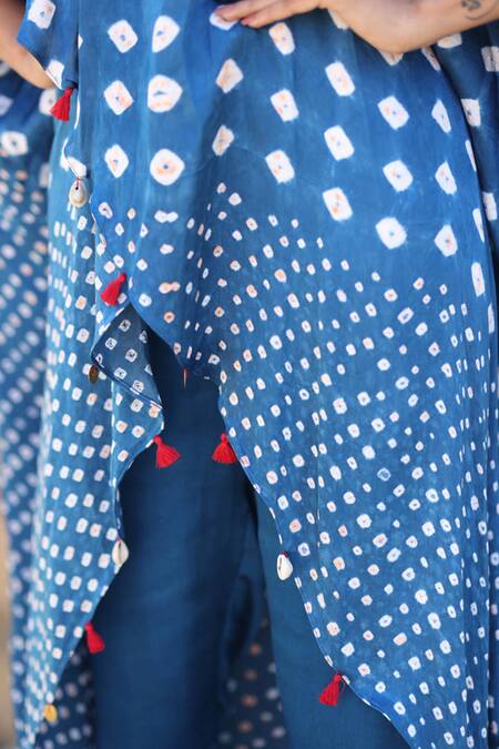 Dyelogue_Blue Modal, Silk Tassels Cowl Neck Bandhani Pattern Flared Sleeve Overlap Top _Online_at_Aza_Fashions