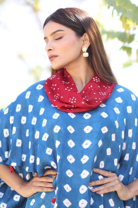 Buy_Dyelogue_Blue Modal, Silk Tassels Cowl Neck Bandhani Pattern Flared Sleeve Overlap Top _Online_at_Aza_Fashions