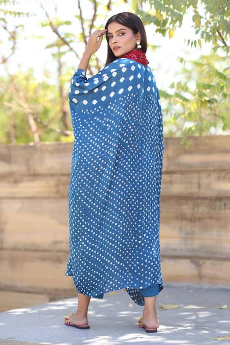 Shop_Dyelogue_Blue Modal, Silk Tassels Cowl Neck Bandhani Pattern Flared Sleeve Overlap Top _Online_at_Aza_Fashions