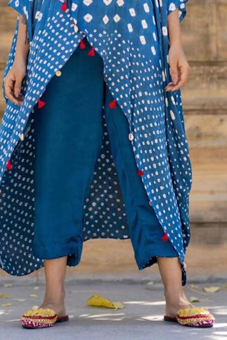 Shop_Dyelogue_Blue Modal, Silk Beads Plain Straight Pant _at_Aza_Fashions