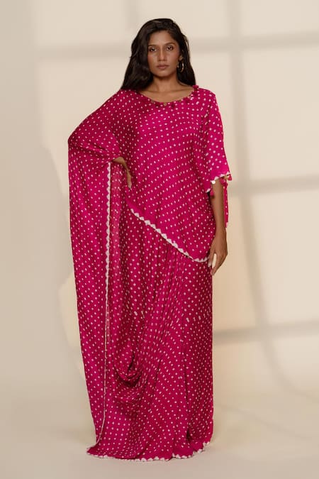 Dyelogue Pink Gajji Silk Printed Tassels Bandhani Pre-stitched Cape Saree  