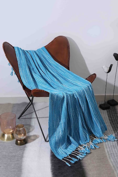 Amoliconcepts Blue Cotton Acrylic Thread Embroidered Throw 