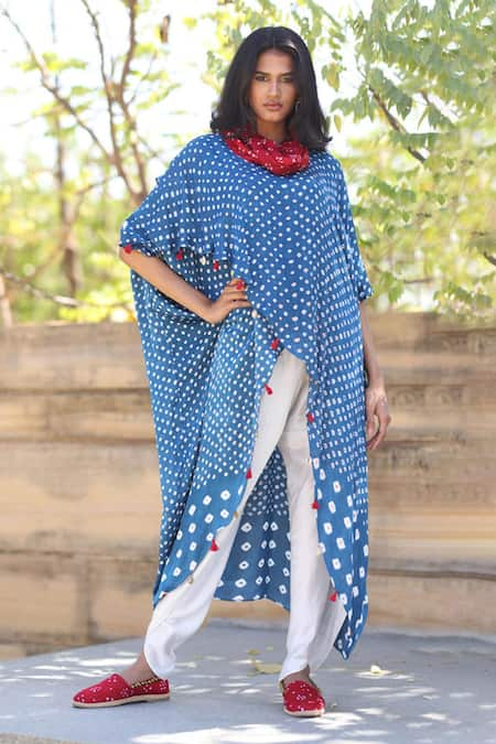 Dyelogue Blue Modal Silk Printed Tassels Bandhani Flared Sleeve Overlap Top  