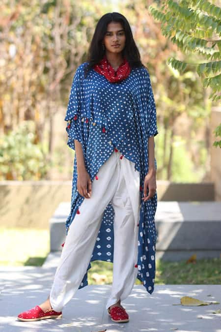 Dyelogue_Blue Modal, Silk Tassels, Embroidery Bandhani Print Flared Sleeve Overlap Top _at_Aza_Fashions