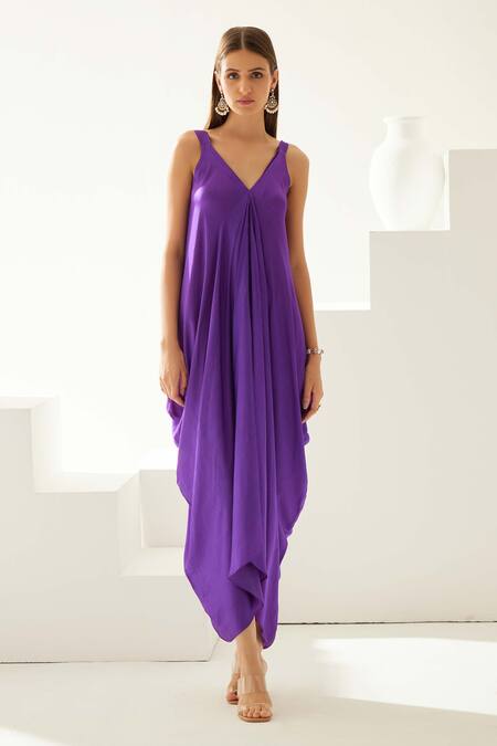 Buy Wear Jaja Purple Modal V-neck V Solid Asymmetrical Maxi Dress Buy_Wear Jaja_Purple Modal V-neck V Solid Asymmetrical Maxi Dress