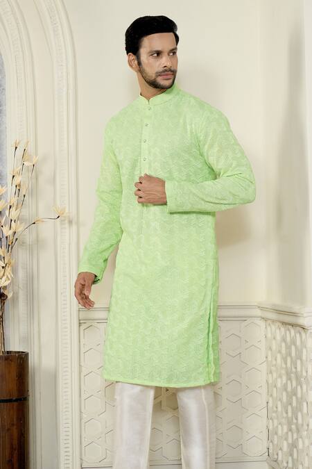 Shop Kasbah X AZA Green Georgette Embroidery Chikankari Thread Kurta Shop_Kasbah X AZA_Green Georgette Embroidery Chikankari Thread Kurta