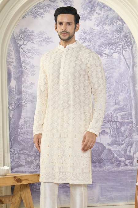 Shop Kasbah X AZA White Georgette Sequins, Embroidery Chikankari Kurta Online at Aza Fashions Shop_Kasbah X AZA_White Georgette Sequins, Embroidery Chikankari Kurta _Online_at_Aza_Fashions