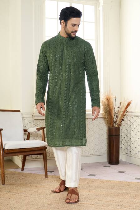 Buy_Kasbah X AZA_Green Georgette Sequins, Embroidery Chikankari Thread And Work Kurta _Online_at_Aza_Fashions
