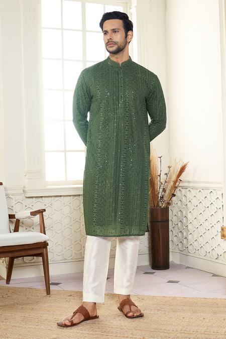Shop_Kasbah X AZA_Green Georgette Sequins, Embroidery Chikankari Thread And Work Kurta _Online_at_Aza_Fashions