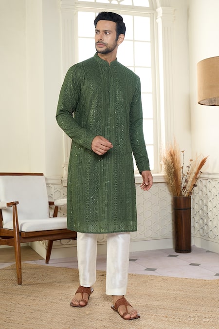 Kasbah X AZA_Green Georgette Sequins, Embroidery Chikankari Thread And Work Kurta _at_Aza_Fashions