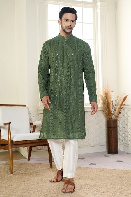 Buy_Kasbah X AZA_Green Georgette Sequins, Embroidery Chikankari Thread And Work Kurta 
