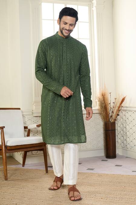 Shop_Kasbah X AZA_Green Georgette Sequins, Embroidery Chikankari Thread And Work Kurta 