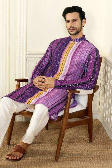 Shop_Kasbah X AZA_Purple Georgette Sequins Abstract Print Embroidered Kurta 