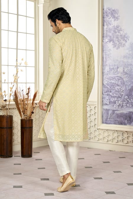 Kasbah X AZA_Gold Georgette Embroidery Aari Straight Kurta _Online_at_Aza_Fashions