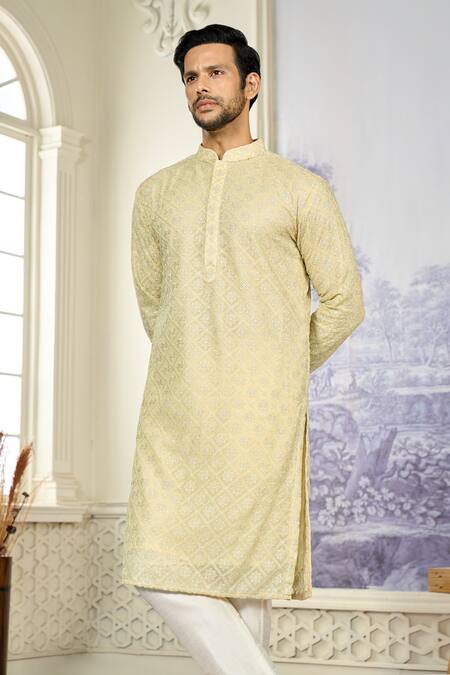 Buy_Kasbah X AZA_Gold Georgette Embroidery Aari Straight Kurta _Online_at_Aza_Fashions