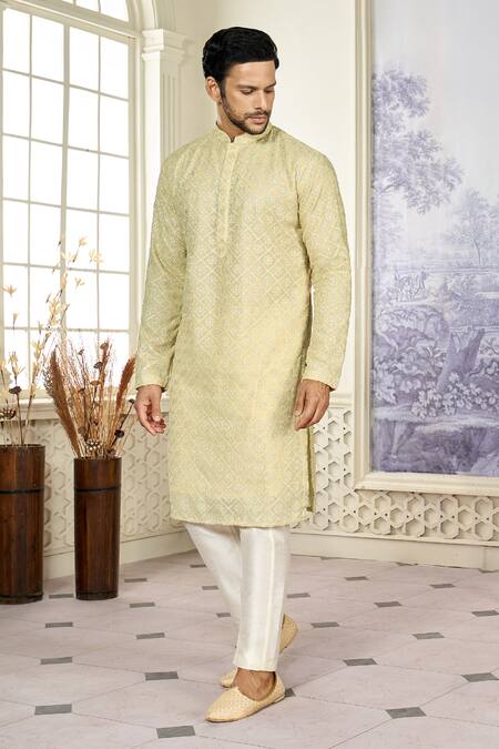 Shop_Kasbah X AZA_Gold Georgette Embroidery Aari Straight Kurta _Online_at_Aza_Fashions