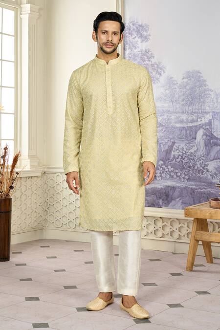 Kasbah X AZA_Gold Georgette Embroidery Aari Straight Kurta _at_Aza_Fashions