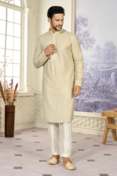 Kasbah x AZA_Gold Georgette Embroidery Aari Work Straight Kurta _at_Aza_Fashions