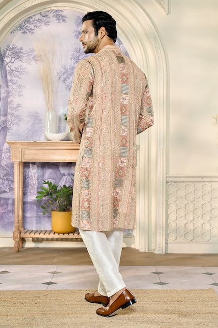 Kasbah X AZA_Peach Georgette Zari, Sequins Fleur Thread And Embroidered Kurta With Pant _Online_at_Aza_Fashions