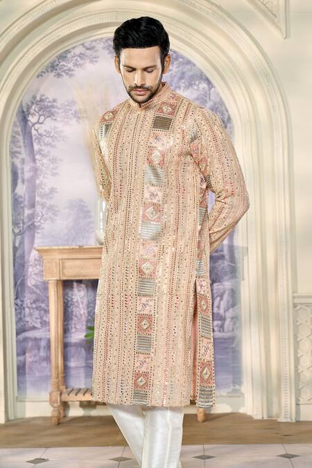 Buy_Kasbah X AZA_Peach Georgette Zari, Sequins Fleur Thread And Embroidered Kurta With Pant _Online_at_Aza_Fashions