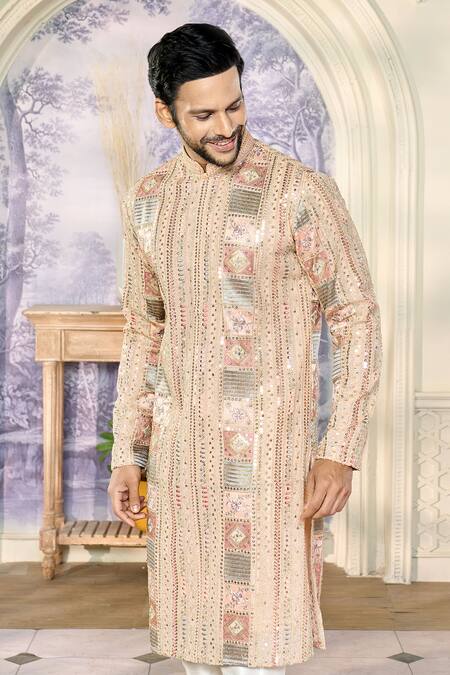 Shop_Kasbah X AZA_Peach Georgette Zari, Sequins Fleur Thread And Embroidered Kurta With Pant _Online_at_Aza_Fashions