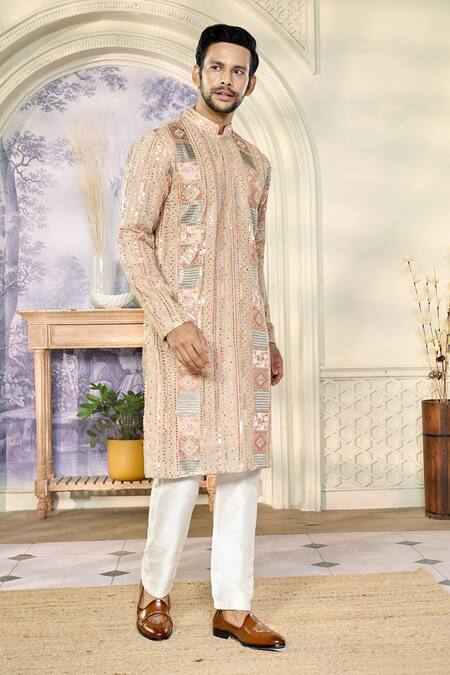 Kasbah X AZA_Peach Georgette Zari, Sequins Fleur Thread And Embroidered Kurta With Pant _at_Aza_Fashions