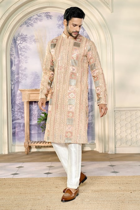Buy_Kasbah X AZA_Peach Georgette Zari, Sequins Fleur Thread And Embroidered Kurta With Pant 