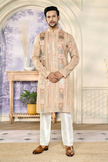 Shop_Kasbah X AZA_Peach Georgette Zari, Sequins Fleur Thread And Embroidered Kurta With Pant 