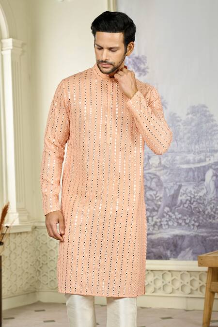 Kasbah_Peach Georgette Mirrors, Embroidery Vine Thread And Kurta With Pant_Online_at_Aza_Fashions